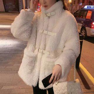 High-neck Long-sleeve Plain Faux Furry Jacket