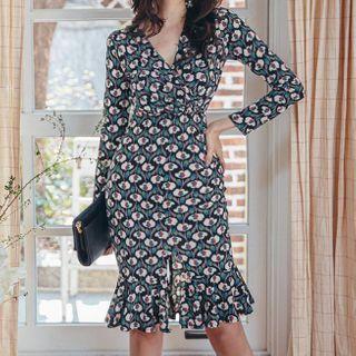 Long-sleeve V-neck Print Mermaid Dress