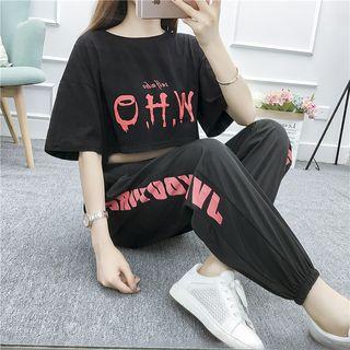 Lettering Trim Harem Pants / Short-sleeve Lettering Cropped Top