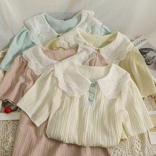 Lace-collar Loose Polo Shirt