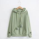 Cat Paw Embroidered Hoodie With Pom Pom