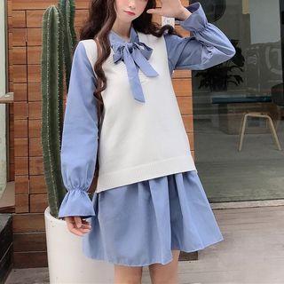 Knit Vest / Long-sleeve Tie-neck A-line Dress