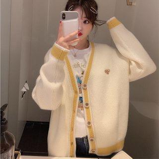 Contrast Trim Cardigan Yellow Trim - White - One Size