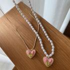 Tulip Heart Pendant Alloy Necklace / Faux Pearl Necklace