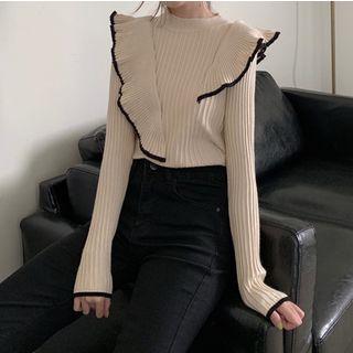 Contrast Trim Ruffle Long-sleeve Knit Top