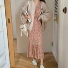 Plain Lantern-sleeve Cardigan / Dotted Long-sleeve Midi Dress