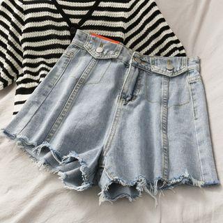 Falsr-pocket High-waist Denim Wide Shorts