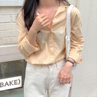 Long-sleeve Plain Shirt Beige - One Size