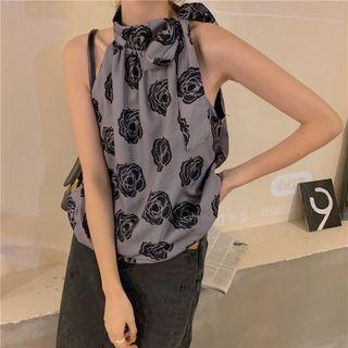 Sleeveless Rose Print Top Black Rose - Gray - One Size