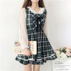 Long-sleeve Mesh Top / Plaid Pinafore Dress