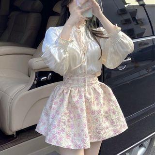 Long-sleeve Tie-beck Frill Trim Blouse / Floral Print Mini A-line Skirt