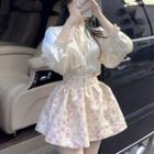 Long-sleeve Tie-beck Frill Trim Blouse / Floral Print Mini A-line Skirt