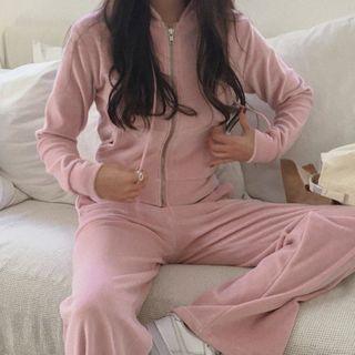 Zip Hooded Jacket + Velvet Straight-leg Pants