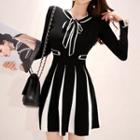 Long-sleeve Contrast Trim Mini A-line Knit Dress Black & White - One Size