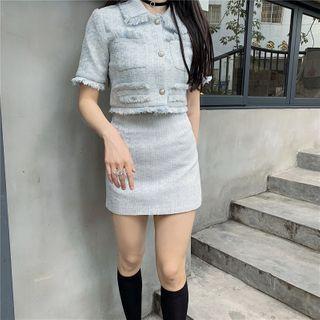 Fringed Trim Short-sleeve Blouse / Tweed Mini Straight-fit Skirt