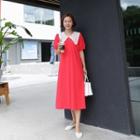 Lace-collar Zip-back Linen Dress Red - One Size