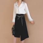 Set: Contrast Trim Blouse + Asymmetric A-line Skirt