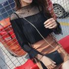 Mock Two-piece Flared-sleeve Cut Out Lace Panel Mesh Top