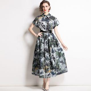 Short-sleeve Butterfly Print Midi Shirtdress
