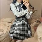 Bell-sleeve Shirt / Houndstooth Mini A-line Overall Dress