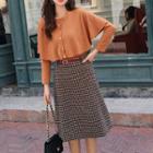 Set: Ruffle-trim Shirt + Midi A-line Tweed Skirt