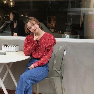 Dot V-neck Ruffle Long-sleeve Blouse
