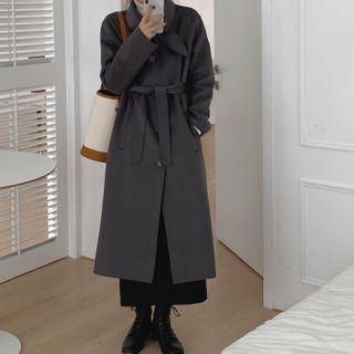 Tie-waist Button-up Wool Coat