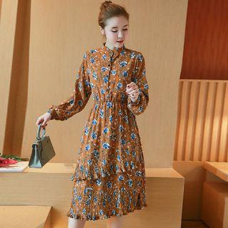 Floral Print Layered Long Sleeve Chiffon Dress