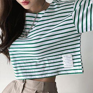 Drop-shoulder Stripe Cropped T-shirt