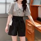Set: Short Sleeve Check Blouse + A-line Skirt