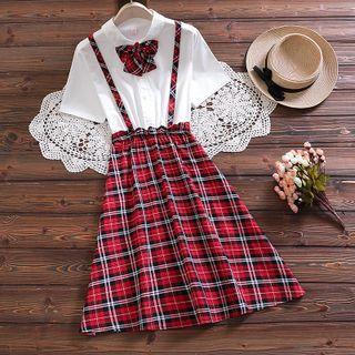 Elbow-sleeve Mock Two-piece Plaid Midi A-line Dress