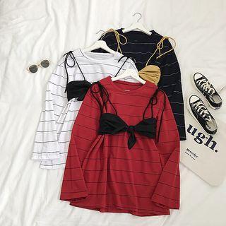 Set Of 2: Striped Long-sleeve T-shirt + Camisole Top
