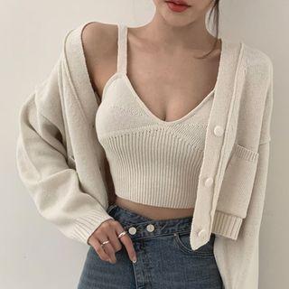 Set: Spaghetti Strap Plain Cropped Knit Top + Cardigan