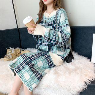 Set: Plaid Sweater + Midi Plaid Knit Skirt