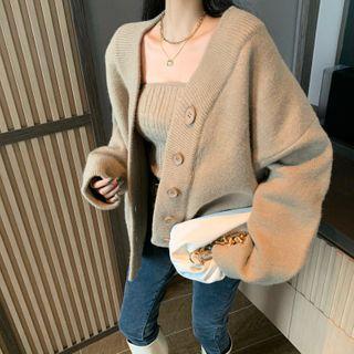 Plain Cardigan / Strapless Knit Top / Striped Scarf
