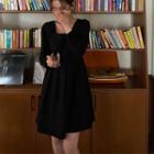 Puff-sleeve Square Neck Plain Dress Black - One Size