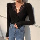 Long-sleeve V-neck Lace Panel Top