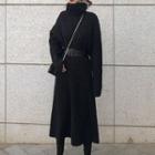 Long-sleeve Turtleneck Knit Dress With Belt - Black - One Size
