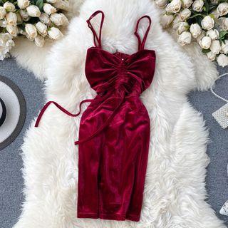 Spaghetti Strap Drawstring Midi Sheath Velvet Dress