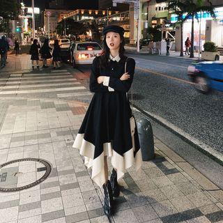 Two-tone Long-sleeve Asymmetric A-line Midi Dress