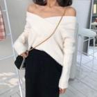 Long-sleeve Off-shoulder Plain Knit Top