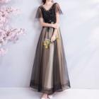 Embellished Flutter-sleeve A-line Evening Gown