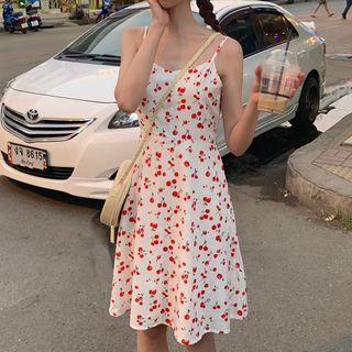 Drawstring Waist Cherry Printed Dress