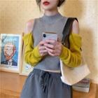 Long-sleeve Off-shoulder Two-tone Cropped Knit Top