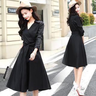 Tie-waist Plain Midi Coatdress