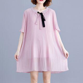Elbow-sleeve Crinkled Chiffon Tunic Dress