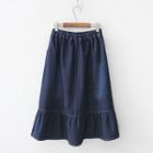 Ruffle-hem Pinstriped Midi A-line Denim Skirt Blue - One Size