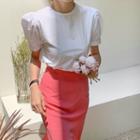 Short-sleeve Tie-back Blouse / Plain Midi A-line Skirt