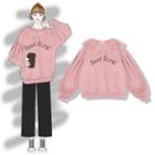 Crochet Lace Trim Lettering Sweatshirt Pink - One Size