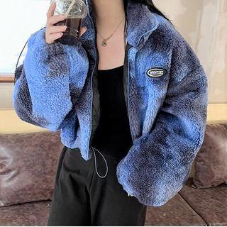 Tie-dye Print Fleece Cropped Jacket Blue & Gray - One Size
